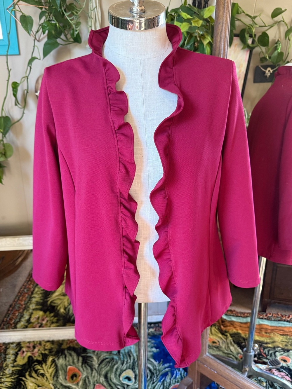 Slinky Brand Ruffle-Trim Open Front Jacket in Deep Raspberry, L